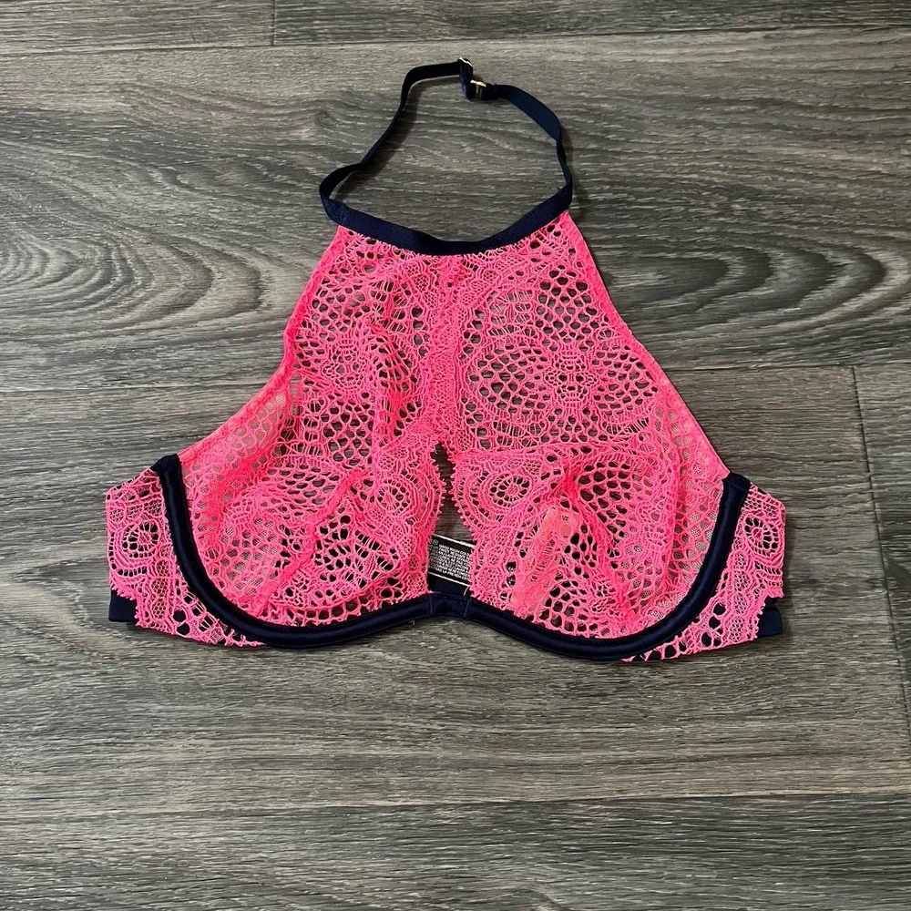 Victoria Secret Bra Unlined Very Sexy Neon Pink Lace Halter 32B Underwire